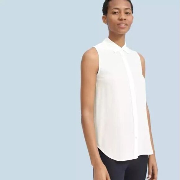 EVERLANE Ivory Silk Crepe De Chine Sleeveless Classic Button Up Blouse, Size 12 - Picture 1 of 13